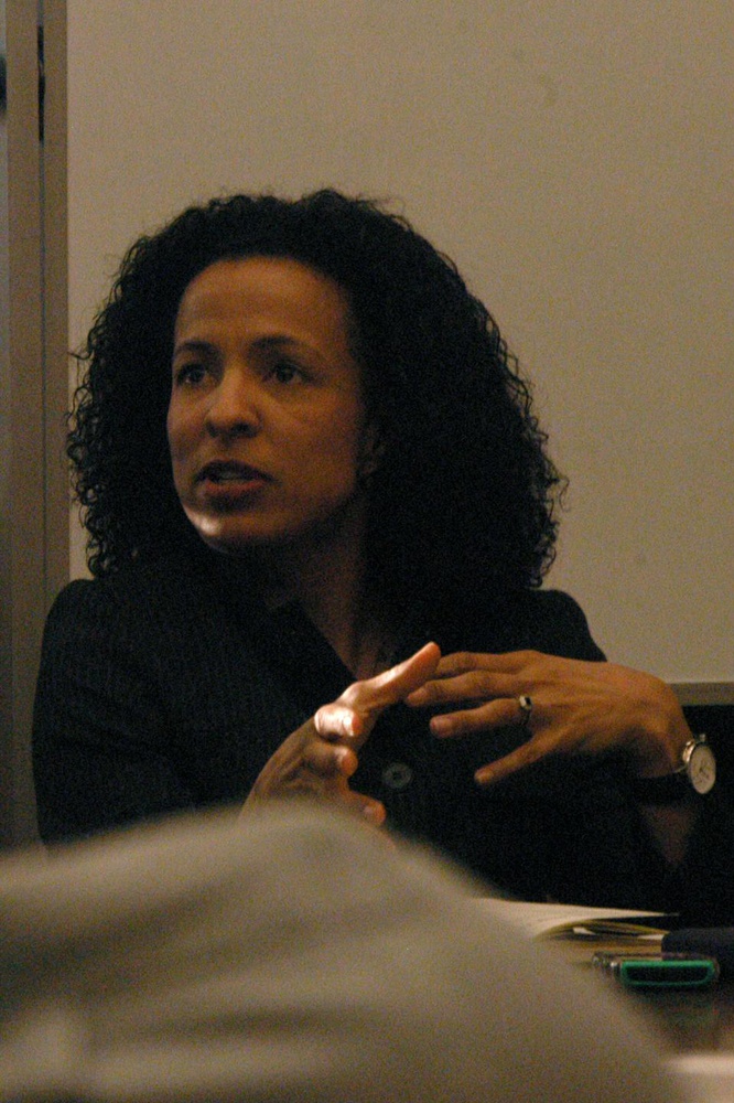 Cynthia Young, a Warren Fellow at Boston College, speaks about "Black Ops and Sleeper Cells: Race, the War on Terror and Popular Culture from Above and Below" in the History Library at Robinson Hall yesterday.