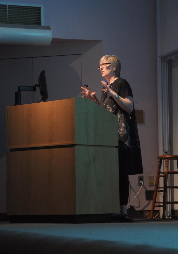Helen Molesworth gives a lecture about Rachel Harrison's sculpture "I'm with Stupid"  on Wednesday night at Harvard's Sackler Museum.