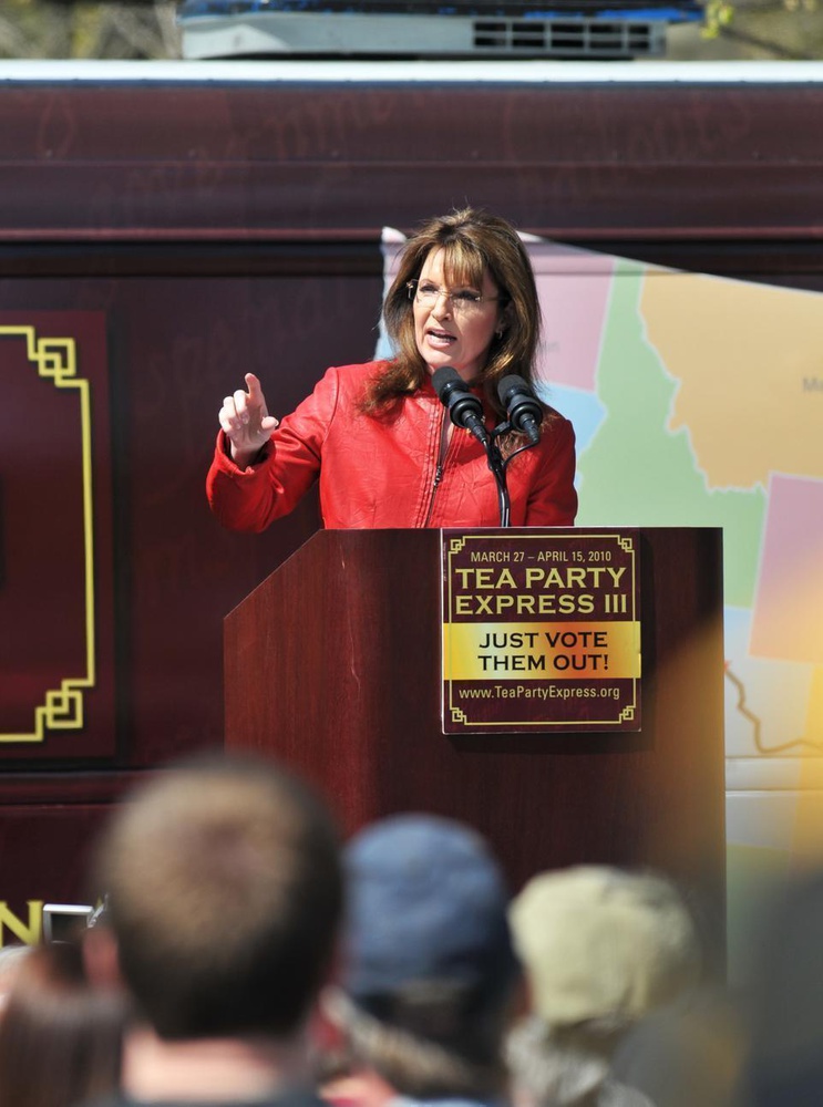 Former Vice Presidential candidate Sarah Palin delivers a speech at the Tea Party rally in Boston Common earlier on Wednesday.