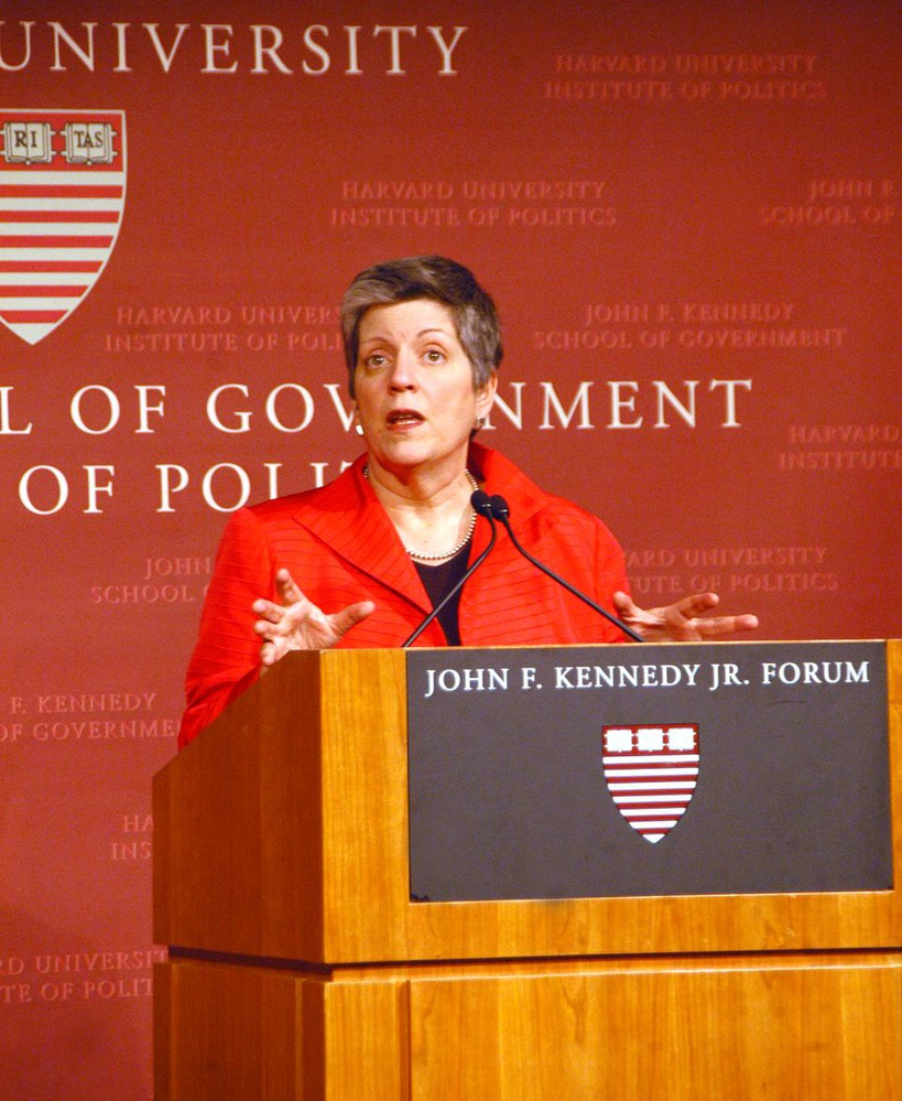 US Secretary of Homeland Security Janet Napolitano addresses a full audience yesterday at the Institute of Politics. Napolitano touched on issues such as illegal immigration and the threat of domestically-bred terrorists. 