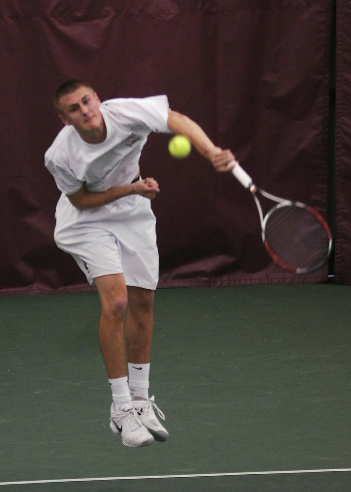 Freshman Christo Schultz, shown here in earlier action, won all four of his weekend matches against Brown and Yale, earning victories at No. 4 singles on both days, as well as two wins in doubles.