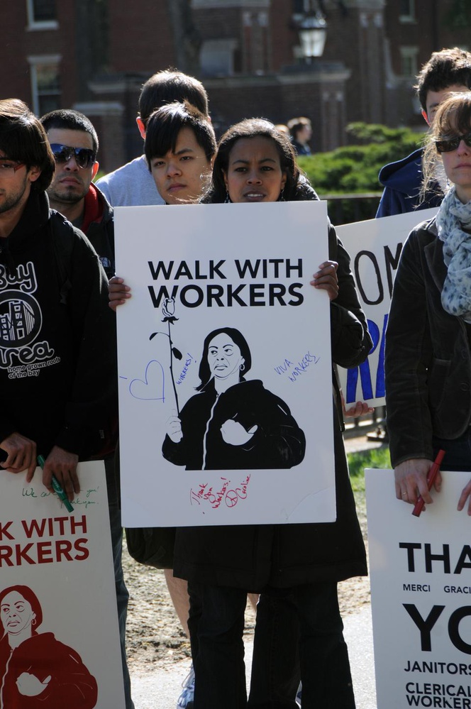 Members of the Harvard Student Labor Action Movement lead a group of 30 demonstrators advocating for better treatment of Harvard workers through the Yard on Apr. 29, 2010. 