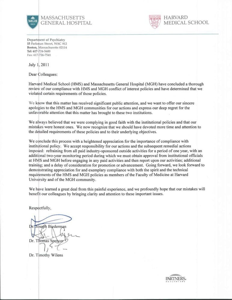 Three doctors accused of conflict of interest violations said in a letter to their colleagues that they had been sanctioned for those breaches.