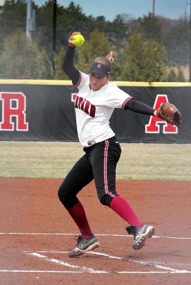 Senior pitcher Rachel Brown, shown here in an earlier contest, dominated opposing hitters in the Northridge Classic, allowing just two runs in three games. Brown's best performance of the weekend came in a one-hit, complete game shutout in the Harvard softball team's 2-0 win over CSU Bakersfield.