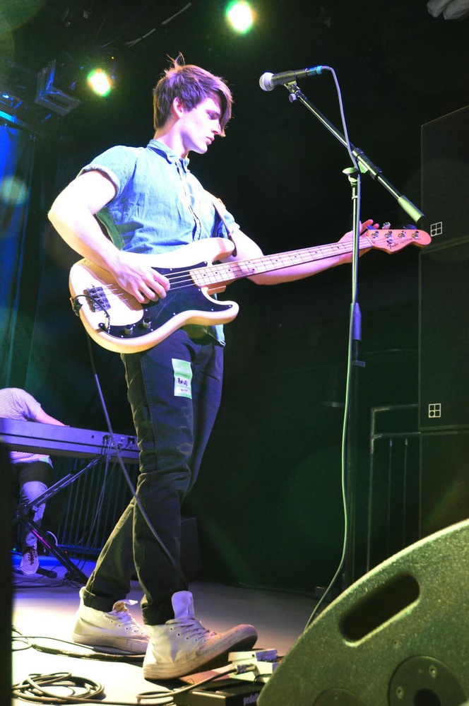 Donagh Seaver O’Leary plays the bass during Little Green Cars’ performance. 