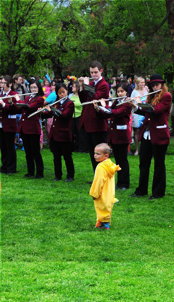 The Harvard University Band leads the Duckling Day Parade with a little help. Duckling Day is an annual event held to benefit the Boston Public Garden. 