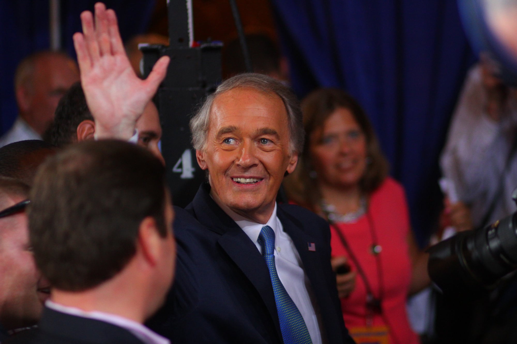 Senator-elect Edward J. Markey gives one final wave to the crowd before his departure.