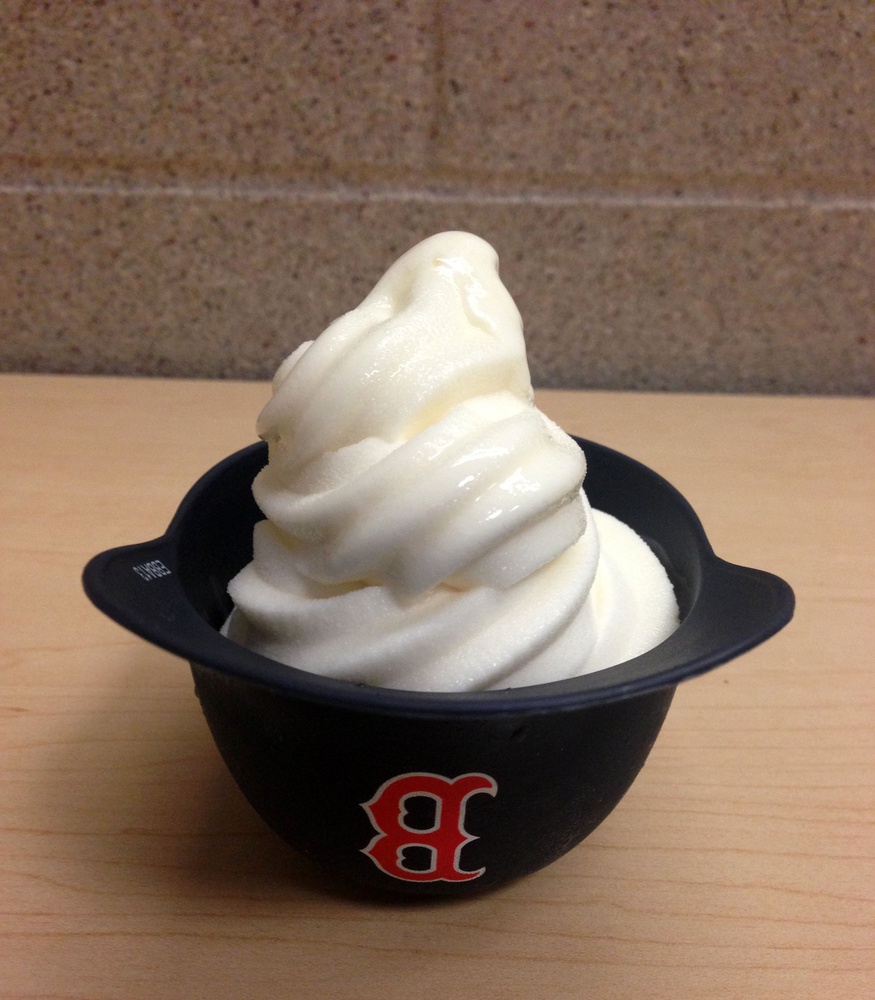 A swirl of J.P. Licks's Peach X froyo, enjoyed at its best in a plastic Boston Red Sox cap.