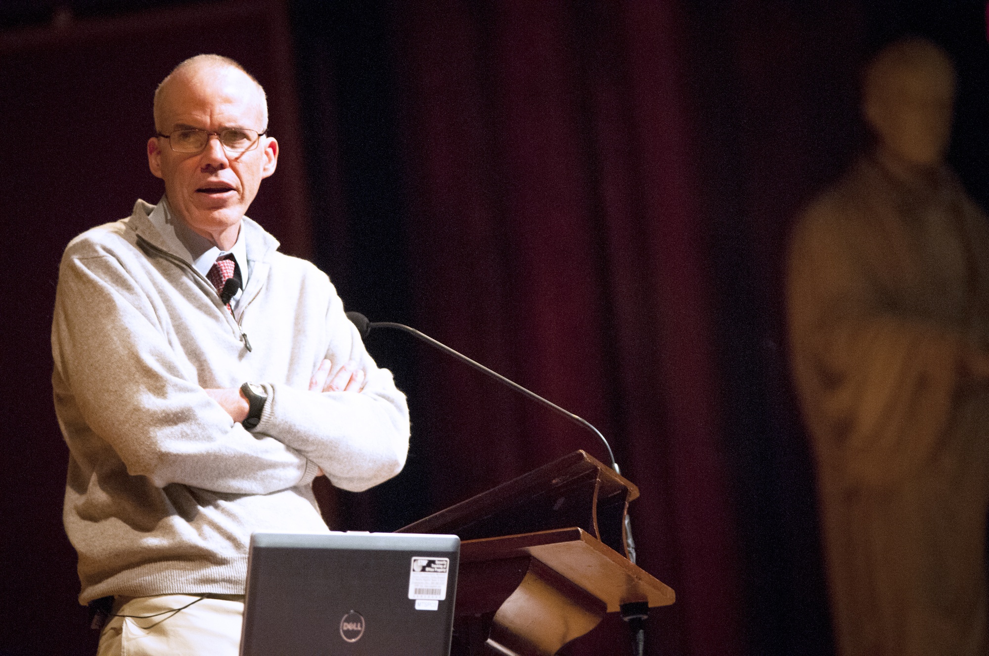 Bill E. McKibben ’82, environmentalist and author of “The End of Nature,” conducts a lecture on climate change and fossil fuel divestment at Sanders Theatre on Tuesday afternoon. 