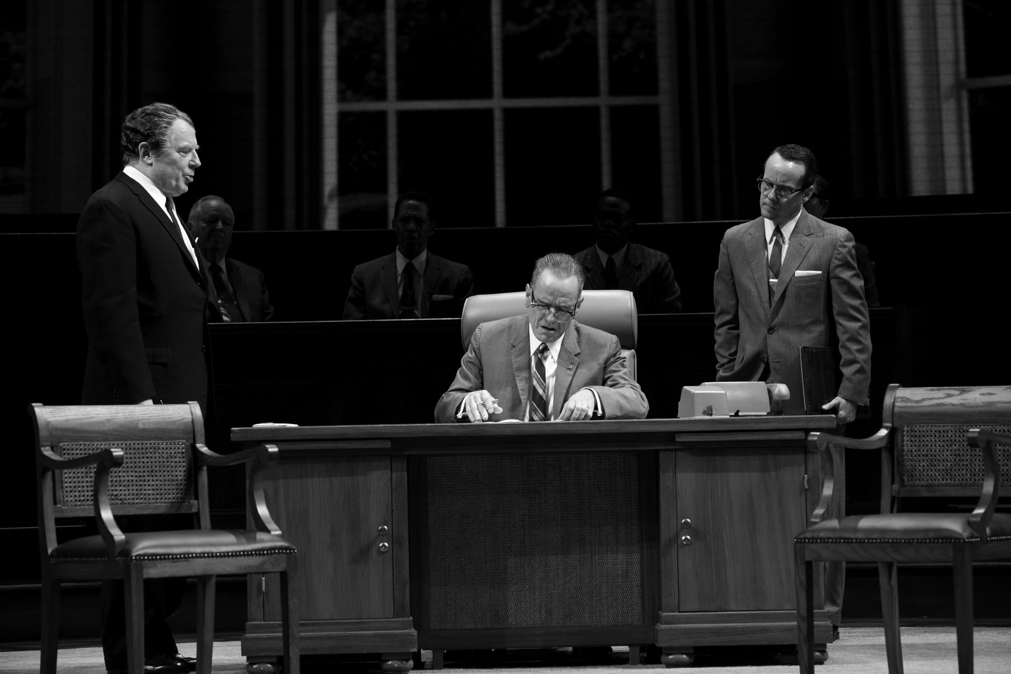 Lyndon B. Johnson (Bryan Cranston) makes decisions from his iconic desk chair in the ART's production of "All the Way."