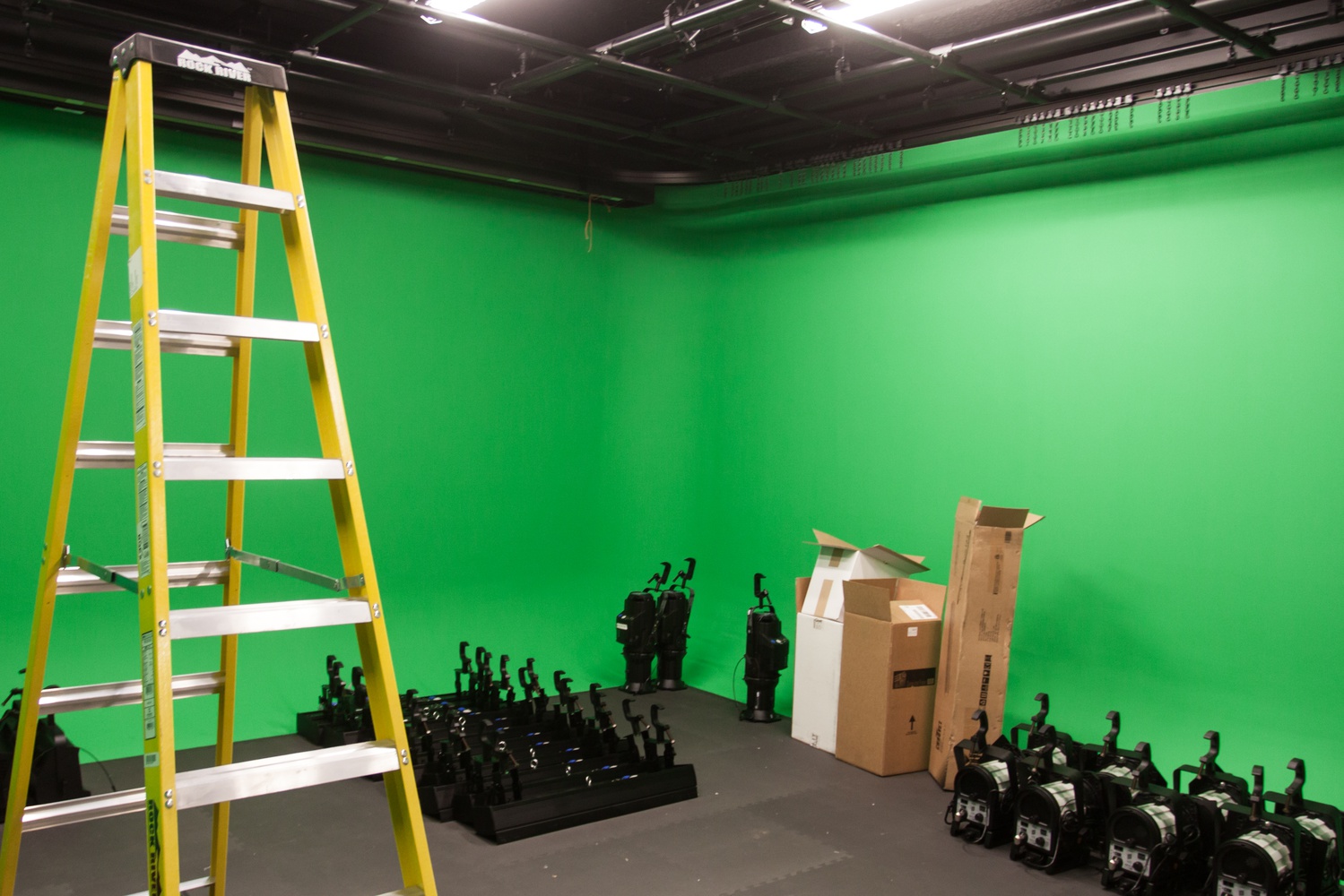 Equipment in the partially completed Rita E. and Gustave M. Hauser Digital Teaching and Learning Studio in the concourse level of Widener Library.