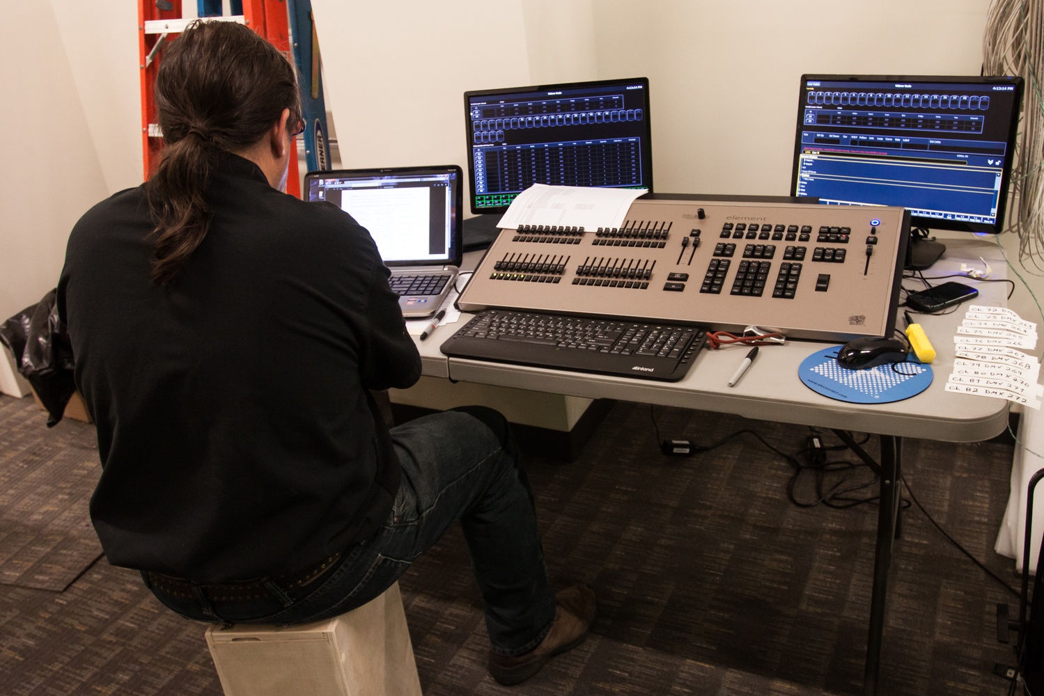 Equipment in the partially completed Rita E. and Gustave M. Hauser Digital Teaching and Learning Studio in the concourse level of Widener Library.