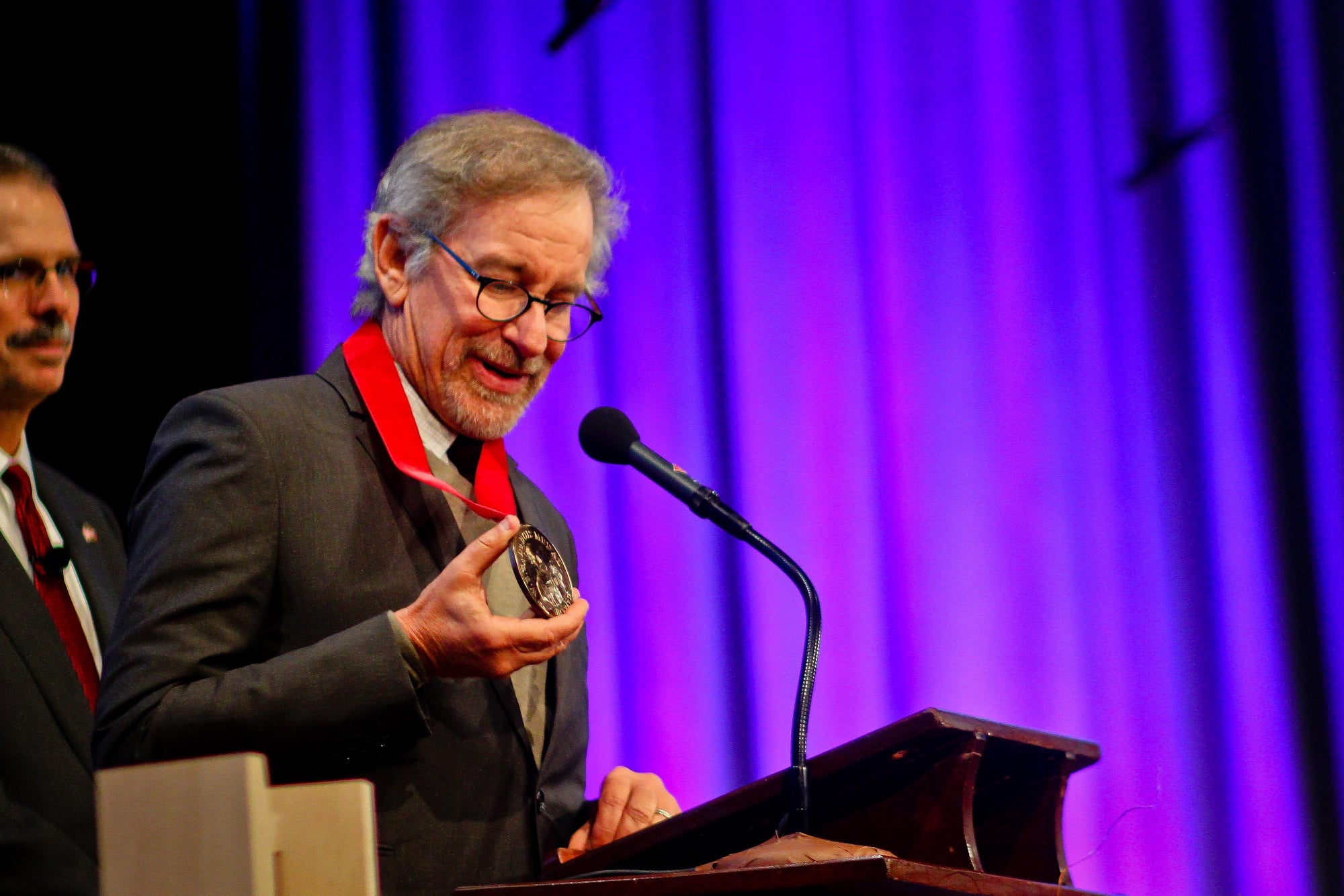 Director Steven Spielberg receives the W.E.B. Du Bois medal from the Hutchins Center for African and African-American Research in Sanders Theater on Wednesday afternoon. Five others were honored, including Supreme Court Justice Sonia Sotomayor.