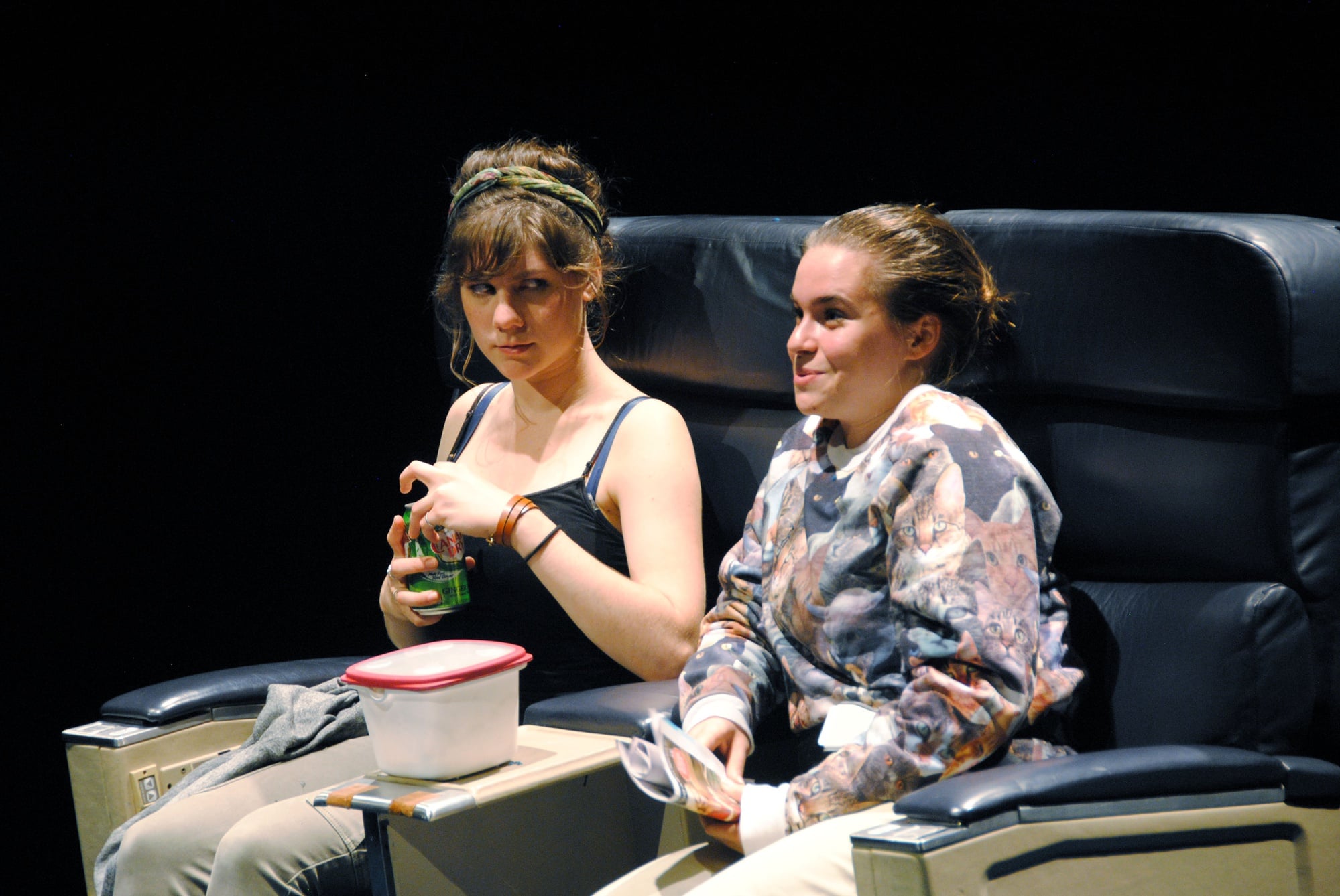 Maya M. Park ’16 and Ema H. Horvath ’16 perform in the last night's performance of "The Thing About Air Travel." 