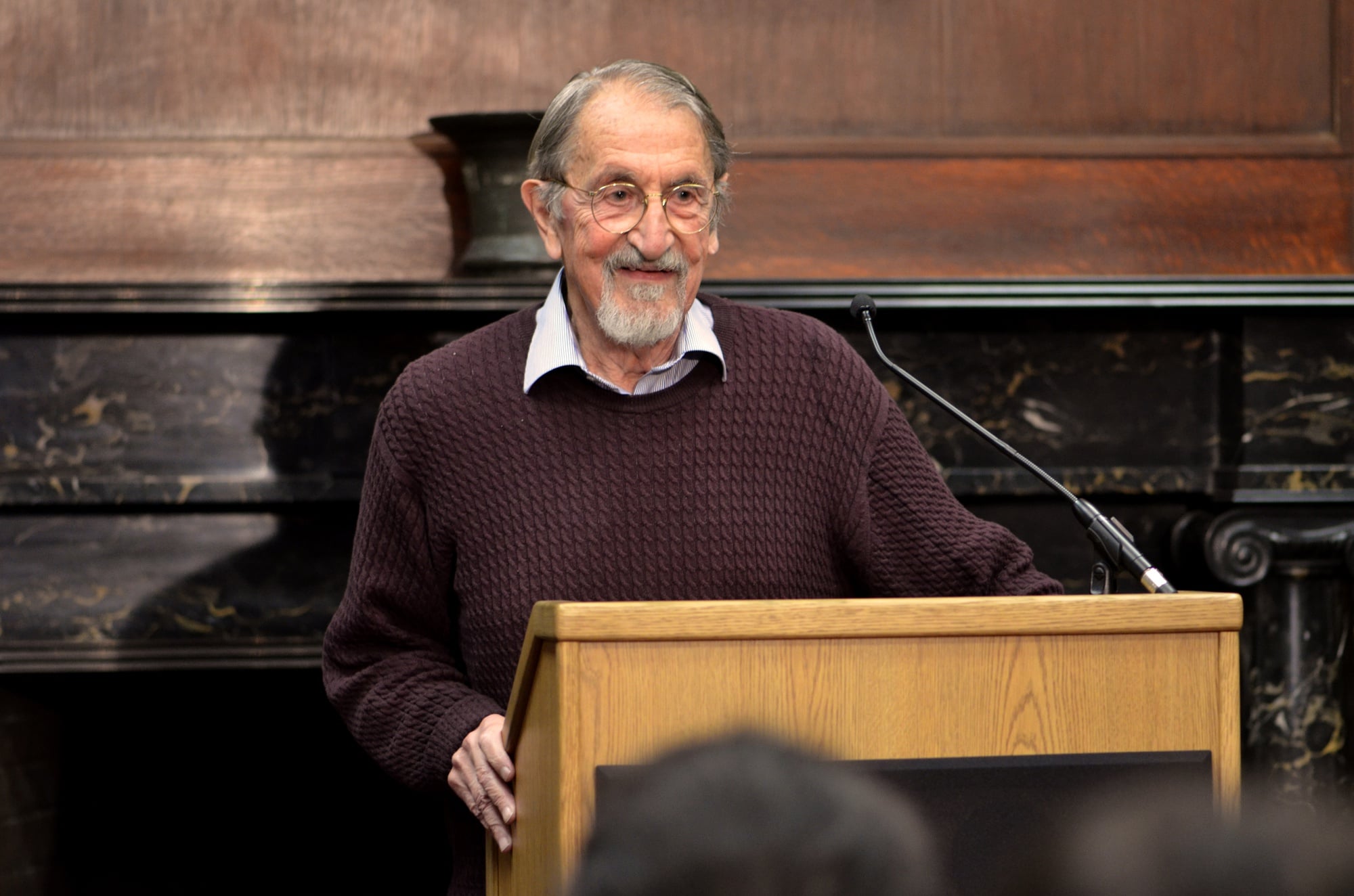 Chemistry professor emeritus Martin Karplus ’51 speaks to the media in the Harvard University Chemistry Library on Wednesday, just hours after the Royal Swedish Academy of Sciences announced that he had won the Nobel Prize in chemistry.