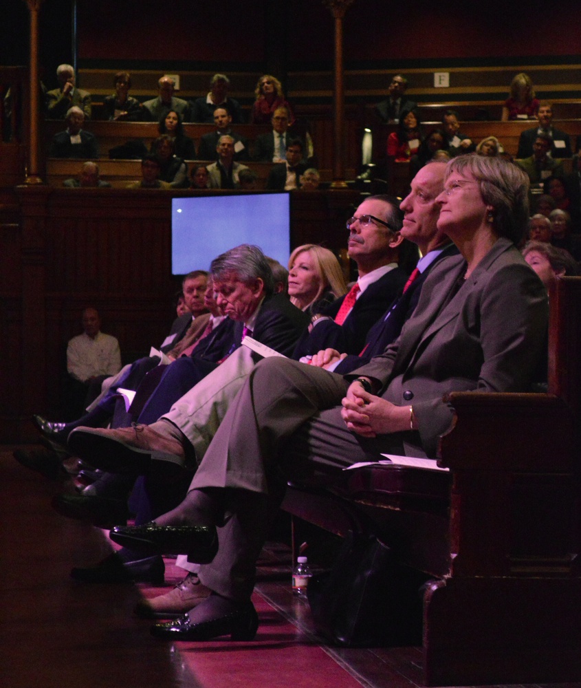 From right to left, University Drew G. Faust, FAS Dean Michael D. Smith, and campaign co-chairs Glenn H. Hutchins ’77, Paul B. Edgerley, and Sandra M. Edgerley ’84 watch FAS campaign co-chair Carl J. Martignetti ’81 address the crowd at the FAS campaign launch event in Sanders Theatre Saturday morning.