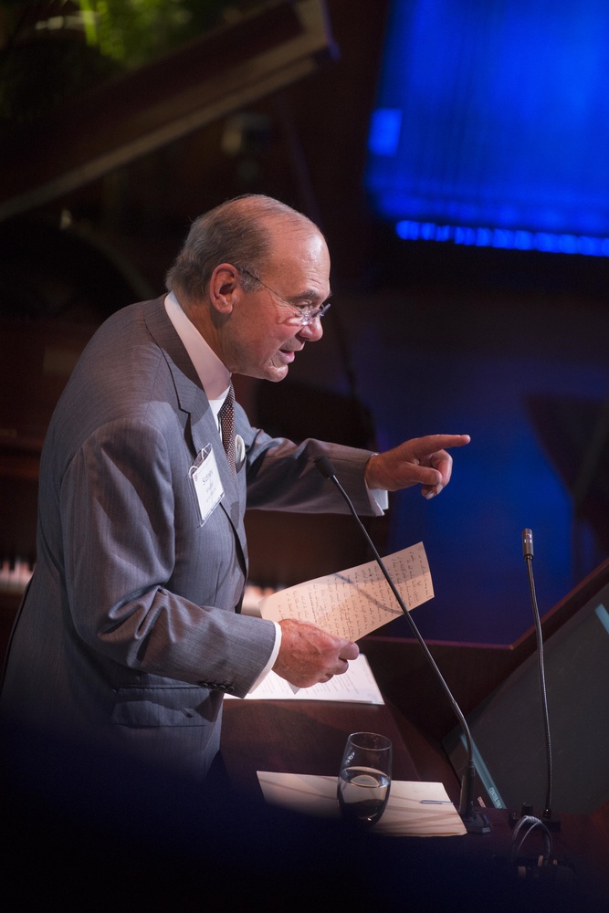 Donor Sidney R. Knafel ’52, who serves as a co-chair for the Radcliffe campaign and the University-wide campaign, addresses the crowd at a dinner event Monday night that was part of the launch of the Radcliffe campaign.