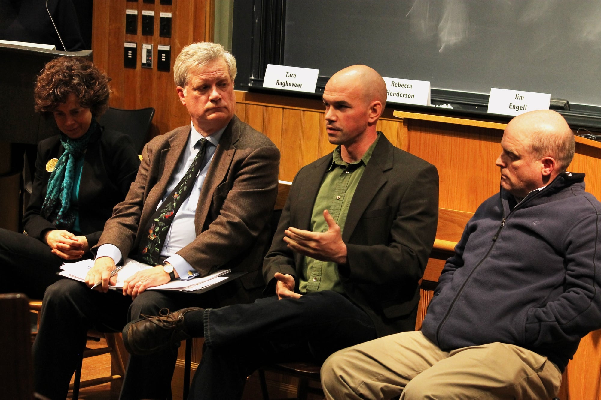 Tim DeChristopher, climate activist and Harvard Divinity School student, represents the student voice among a panel of Harvard professors at the Fossil Fuel Divestment Forum in Sever Hall on Friday.  
