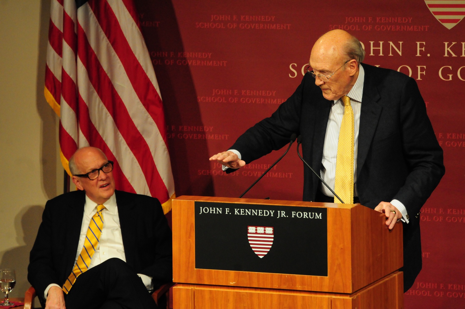 Alan K. Simpson and Leonard Pitts Jr. talk about the moment of truth: math, media and mystery at the John F. Kennedy IOP forum Tuesday night. 