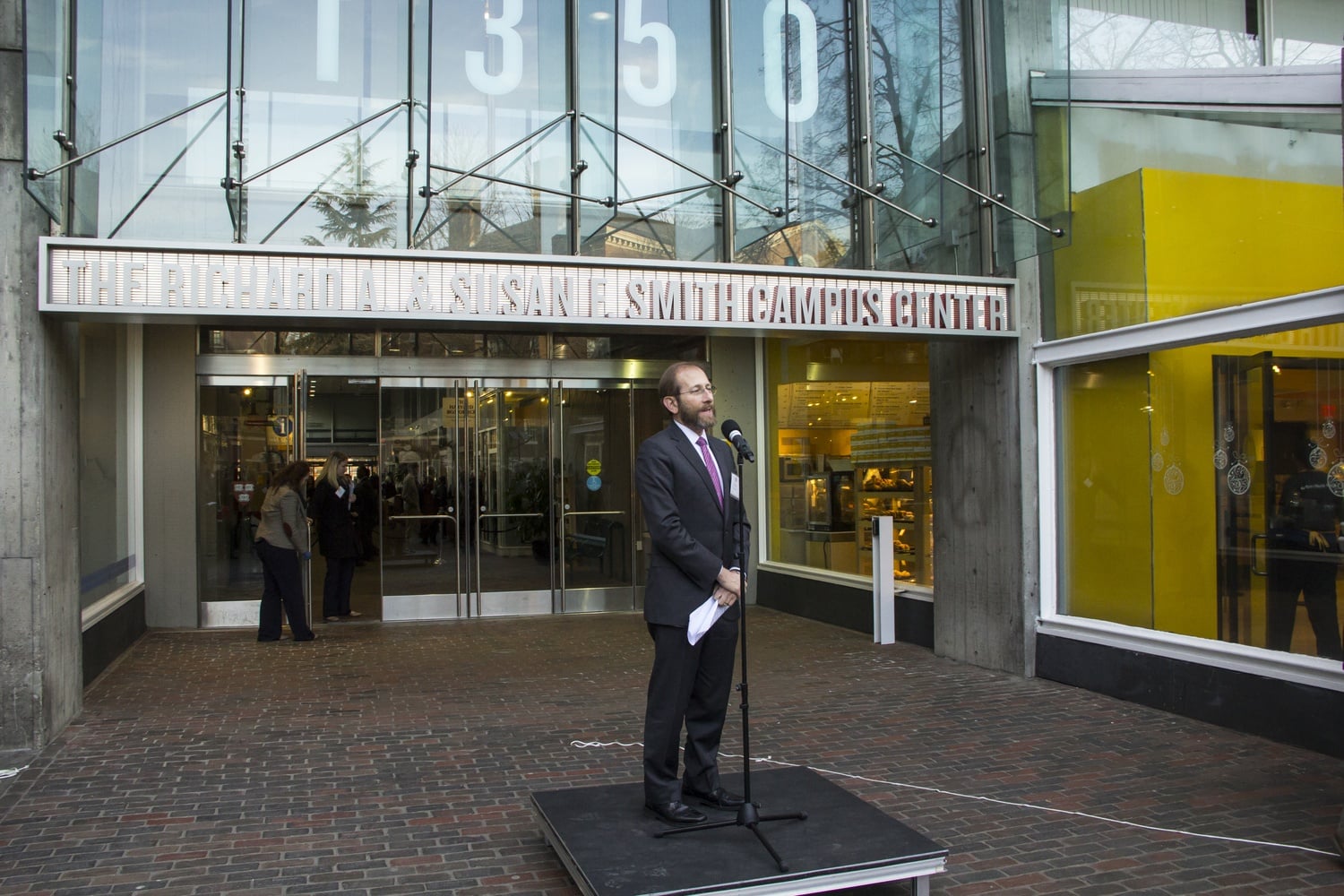 University Provost Alan M. Garber ’76 announces the renaming of the Holyoke Center in November. The first three stories of the building will be transformed into a new campus center expected to open by 2018.