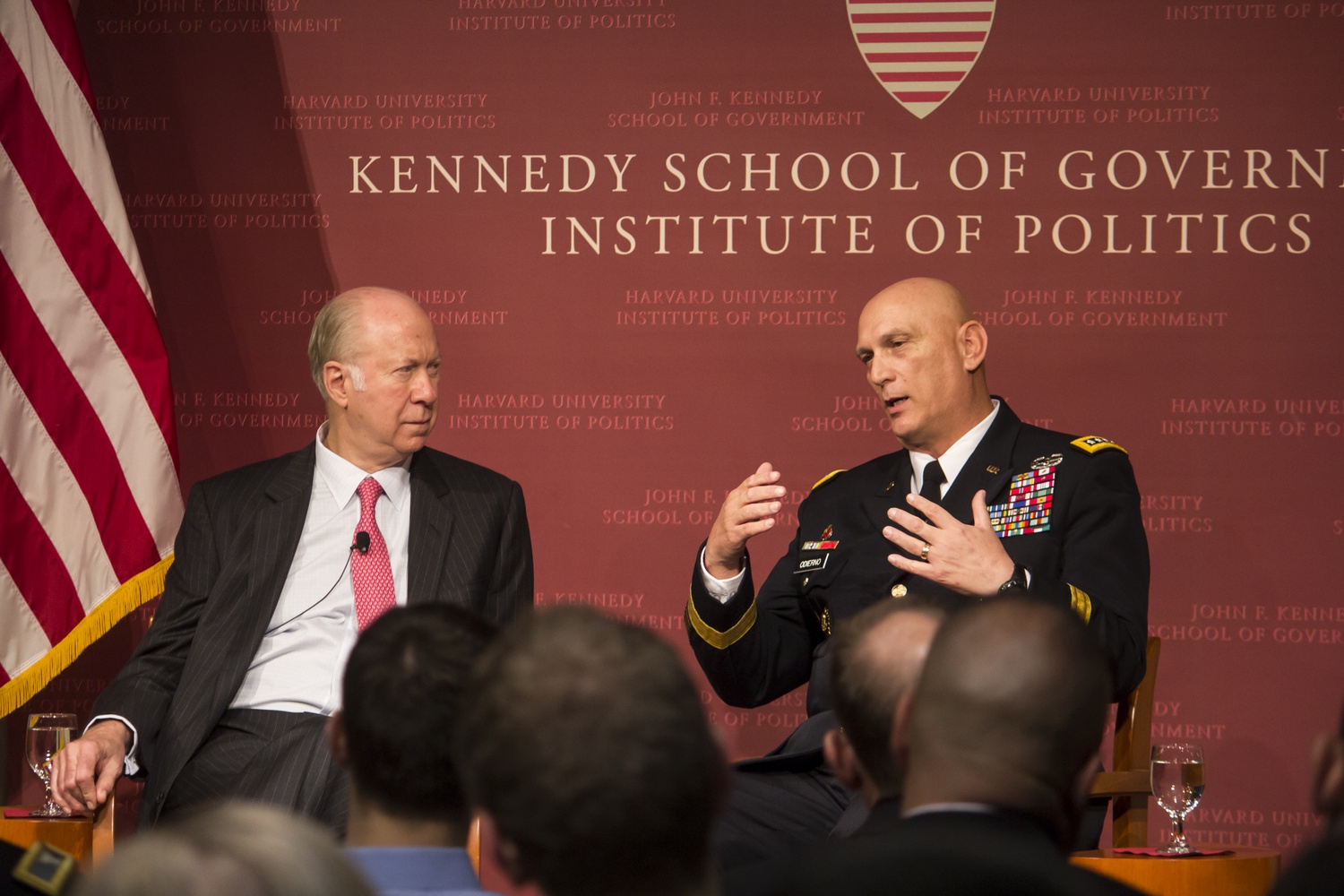 General Raymond T. Odierno, US Army Chief of Staff, right, discusses his personal life, his military career, and his experiences in Iraq with Prof. David Gergen on Thursday night at the JFK Jr. Forum.