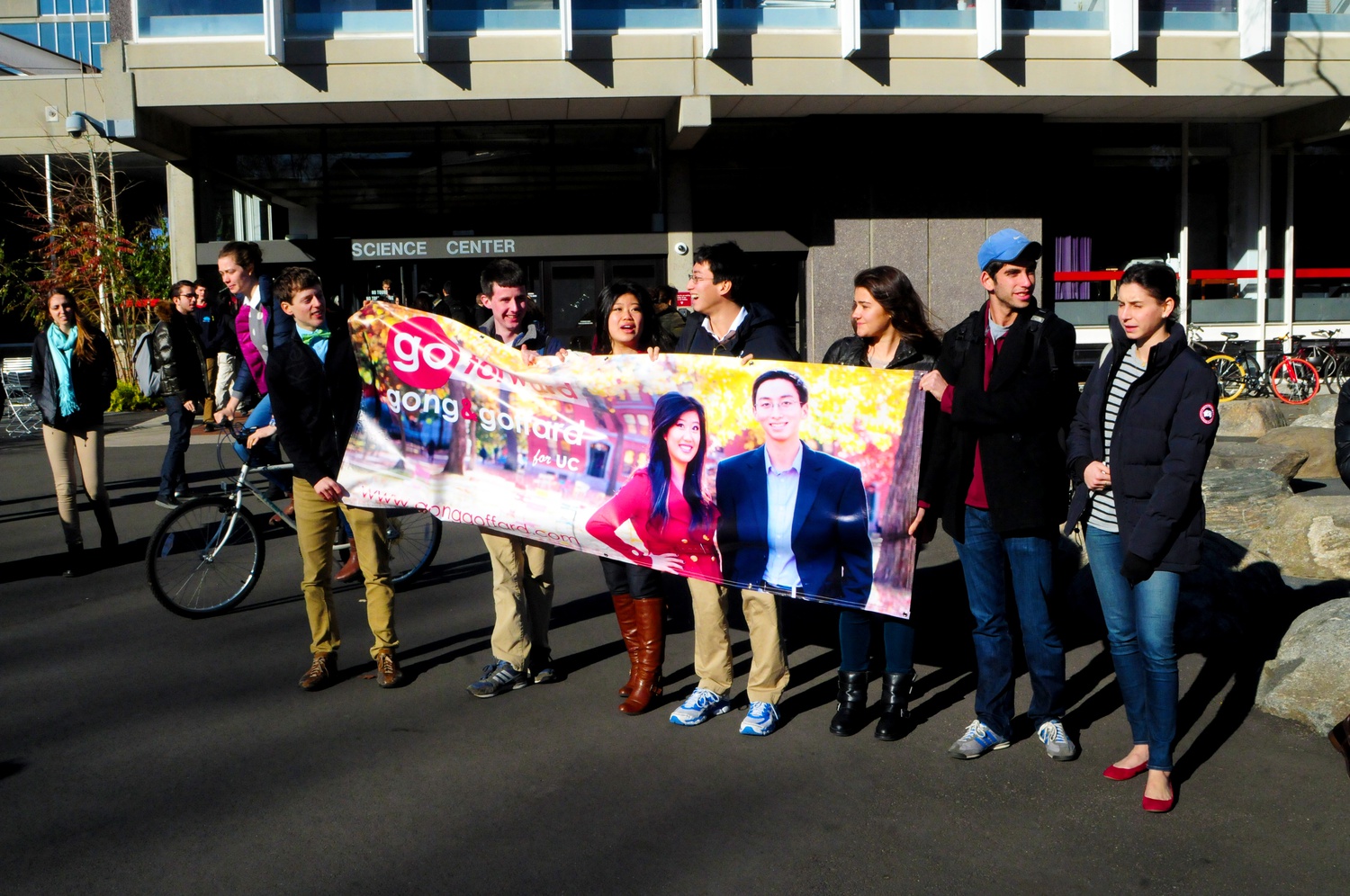 C.C. Gong and Sietse Goffard, one of three tickets running for the Undergraduate Council election, stand outside the Science Center Tuesday afternoon to campaign.