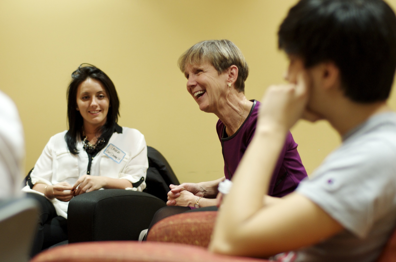 Dr. Jeanne Ross, Professor at MIT Sloane, discusses the future of computer science and web development with Laura Vecchio, web developer for Bose Corporation and teacher for "Girl Develop It," in the Women's Center during the Thai Food and Technology discussion on Wednesday evening.