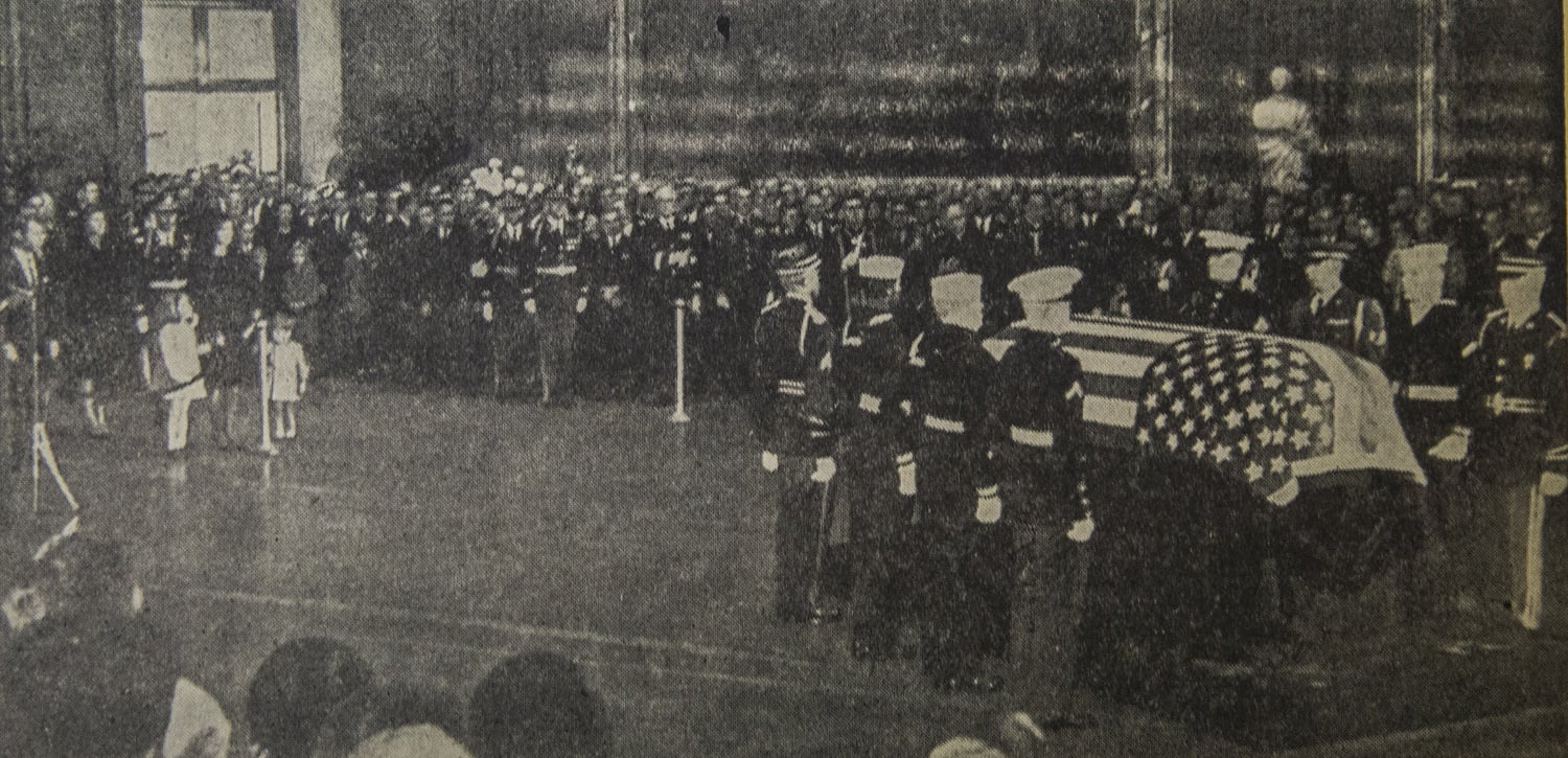 This Associated Press wire photo of the President's coffin in the Capitol Rotunda ran on the third page of the Monday, November 25, 1963, issue of The Crimson.