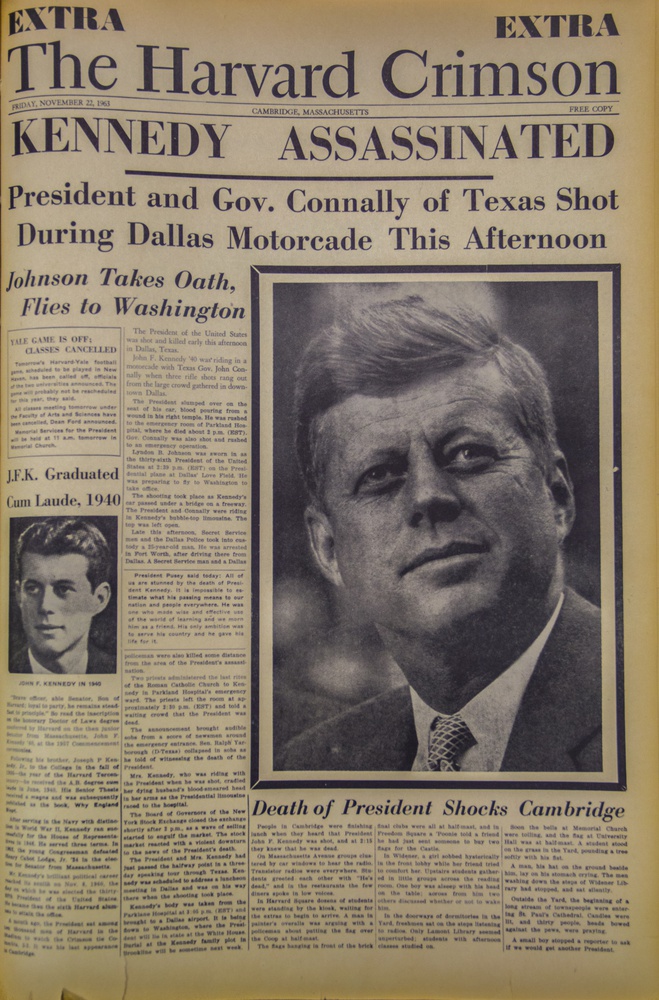 This single-sheet extra edition of The Crimson was published on Friday, November 22, 1963, the day John F. Kennedy '40 was shot. According to then-Crimson managing editor Bruce L. Paisner '64, the extra was printed at around 2:30 p.m. and distributed at around 5 p.m.