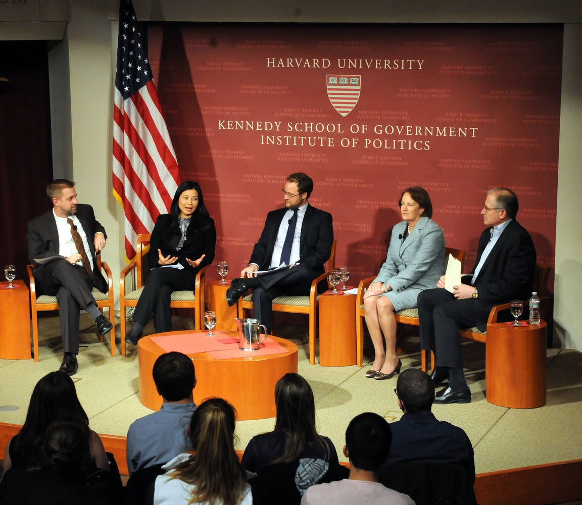 Panelists discuss how the economy has changed over the past years and how it evolves into a social impact economy at the JFK Forum, Thursday evening. Panelists included Scott Griffith, Karen G. Mills, Tracy Palandjian, David Wilkinson, and David Wood.