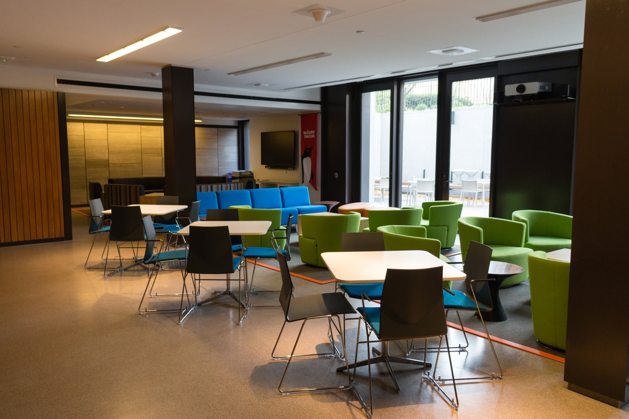 The basement of Stone Hall, once home to summer storage, was renovated to include conference and practice room space, as well as a new student lounge and smart classroom.