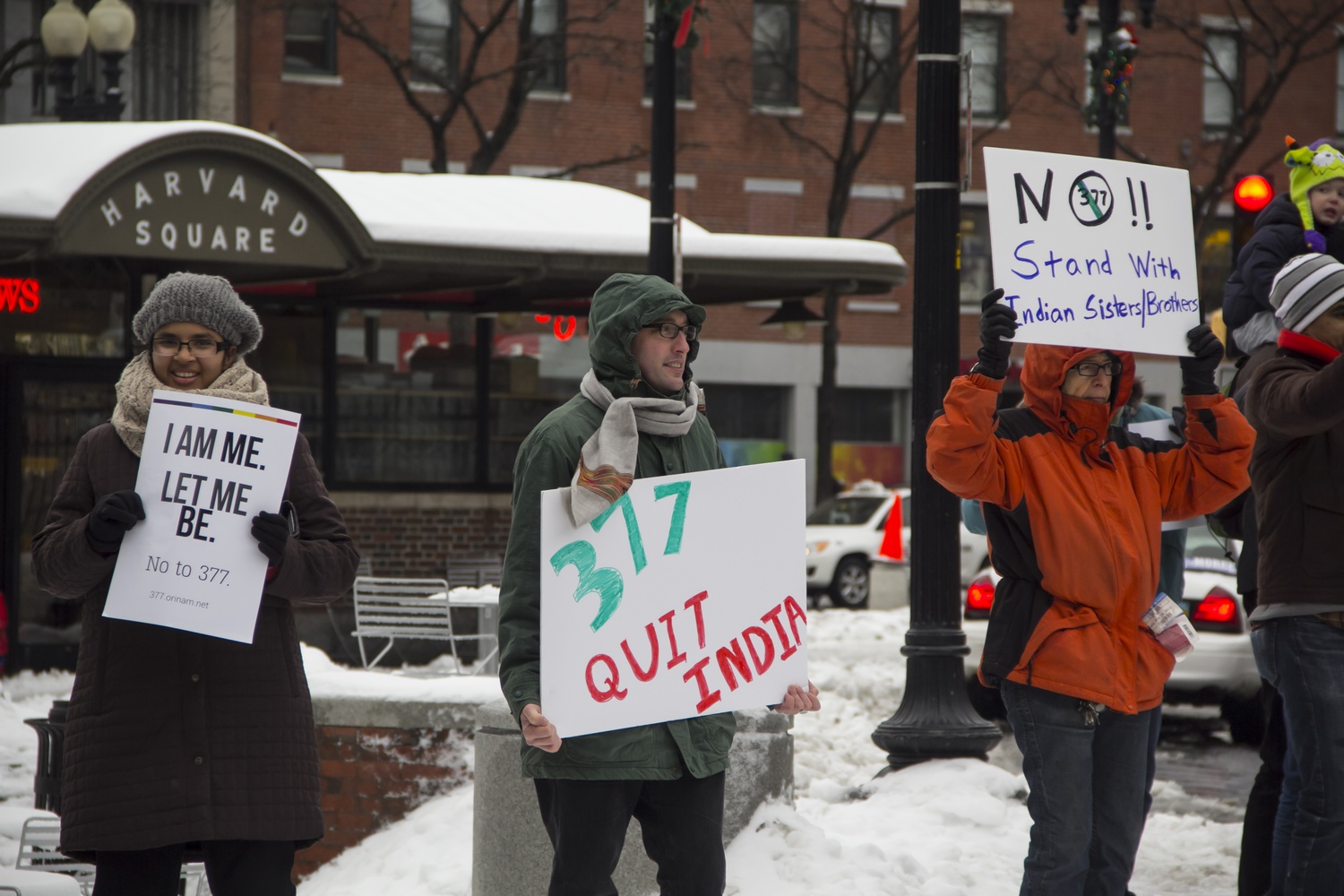 Protestors rally against the Sec. 377 of the Indian Penal Code against homoesexual activities in Harvard Square, Sunday, Dec. 15, 2013, which the Supreme Court of India reinstated on Dec 11, 2013.