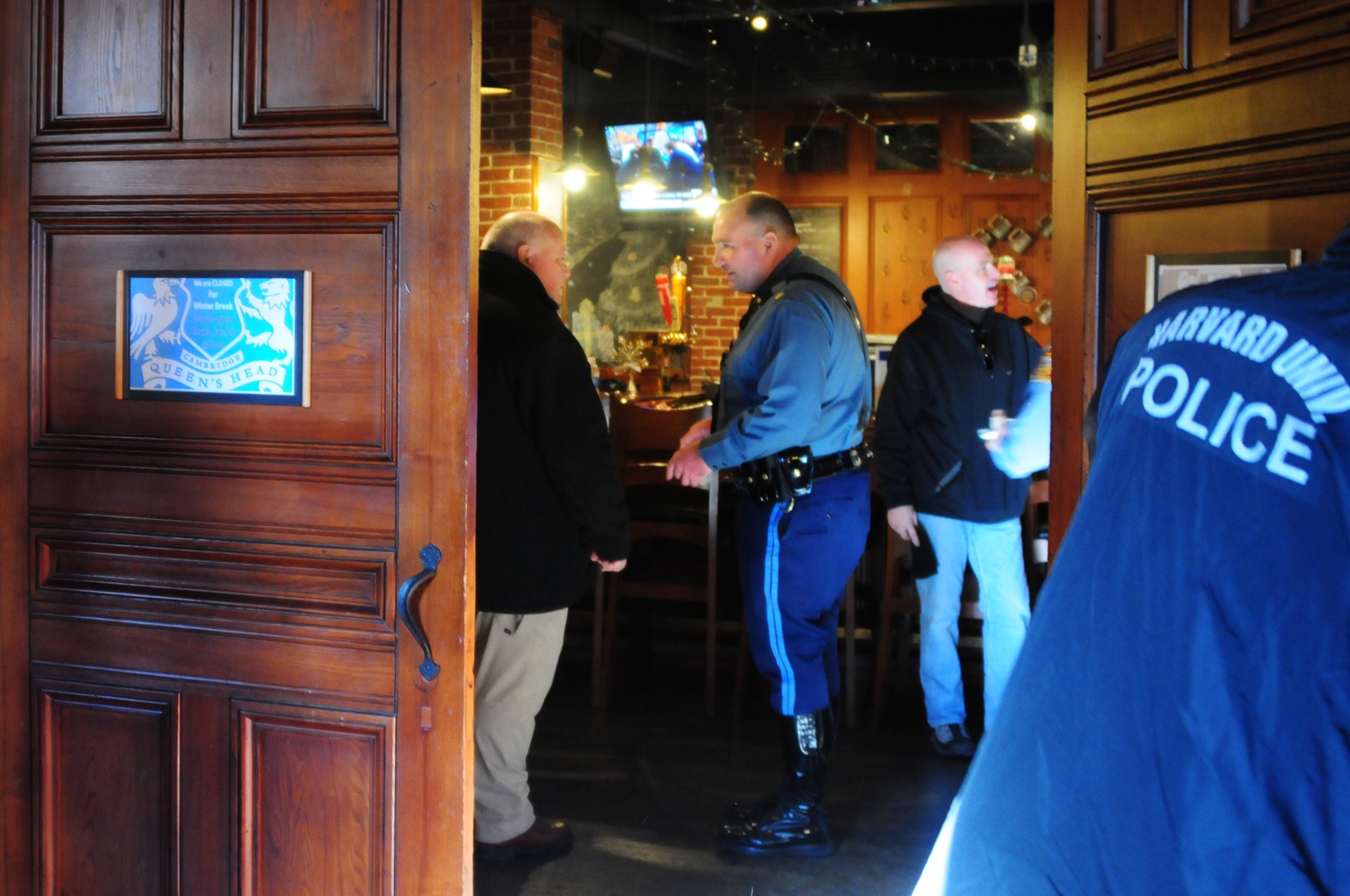 Police authorities congregate in the basement of Annenberg Hall to discuss further actions around noon Monday.