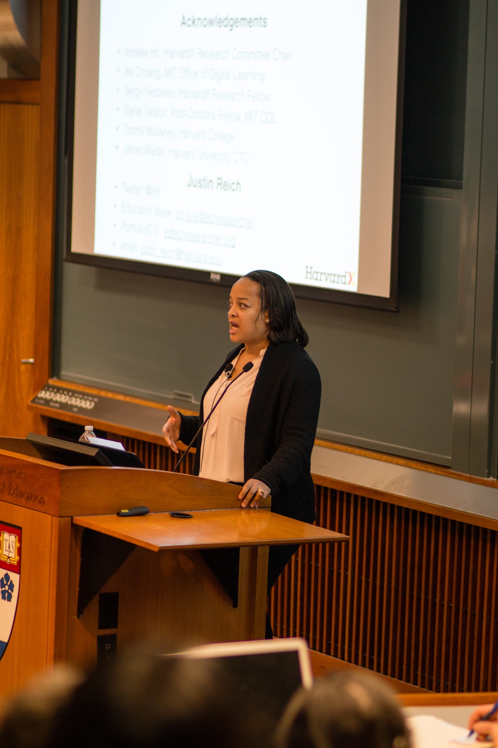 Bridget Terry Long, Academic Dean of the Graduate School of Education, continues the discussion of Justin Reich emphasizing the difficulty of measuring the extent of online education. The HarvardX Research Presentation occurred on January 21 at Larsen Hall.
