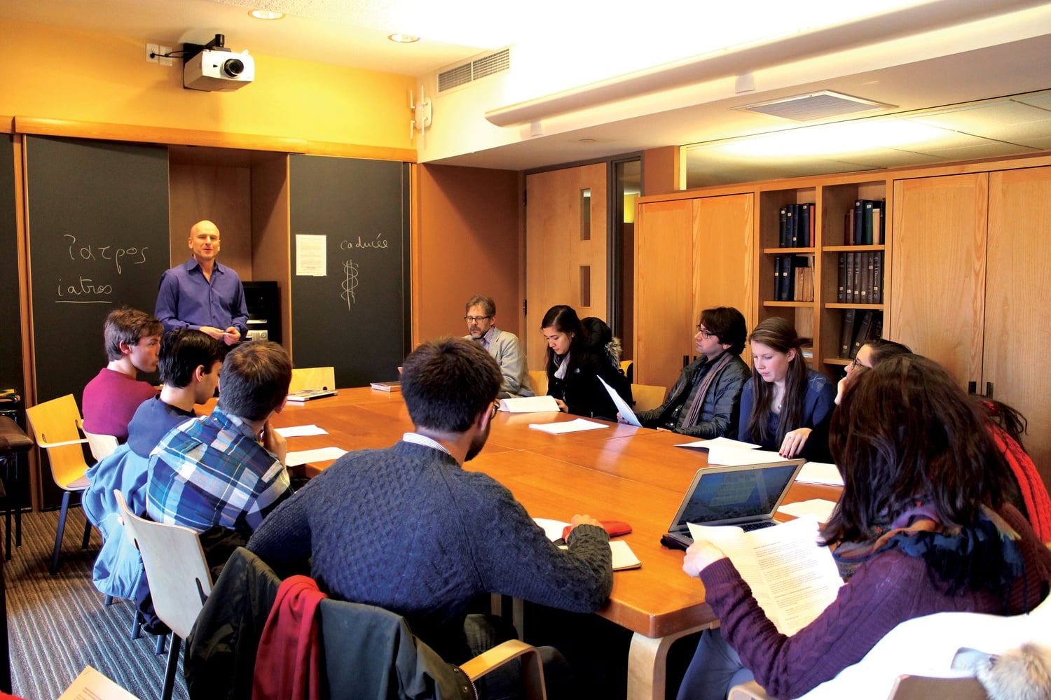 Jeffrey T. Schnapp, professor of Romance languages and literatures, speaks about a collective learning experience in visual art during his new course Humanities Studio 2: "Homeless Paintings of the Italian Renaissance" in Boylston Hall Jan. 29.