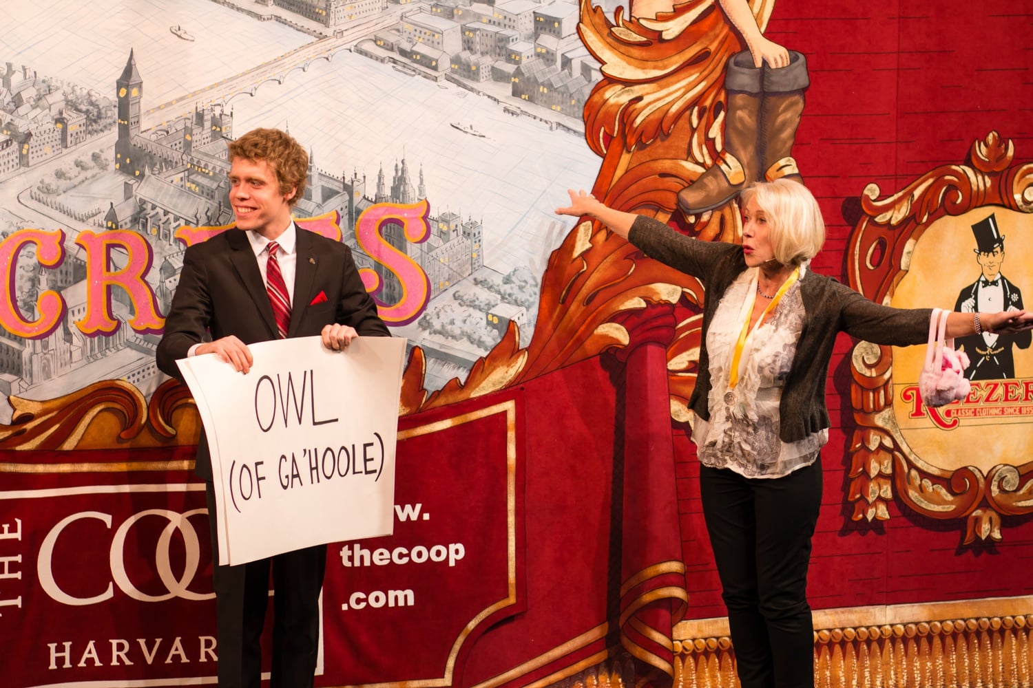 As part of the roast, Helen Mirren plays charades with members of Hasty Pudding Theatricals.
