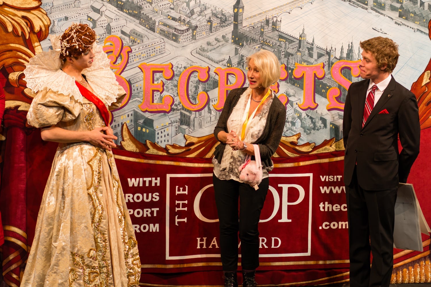A member of Hasty Pudding Theatricals dresses as Queen Elizabeth I, a role actress Helen Mirren portrays in the television series Elizabeth I.