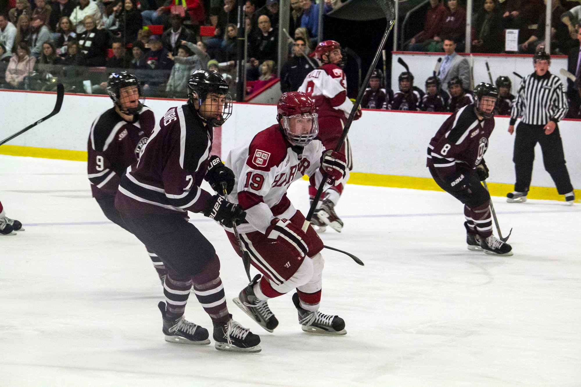 Sophomore forward Jimmy Vesey, pictured above in previous action, may be Harvard’s leading goal-scorer this season, but was scoreless as the Crimson fell, 6-0, to Northeastern on Monday evening.