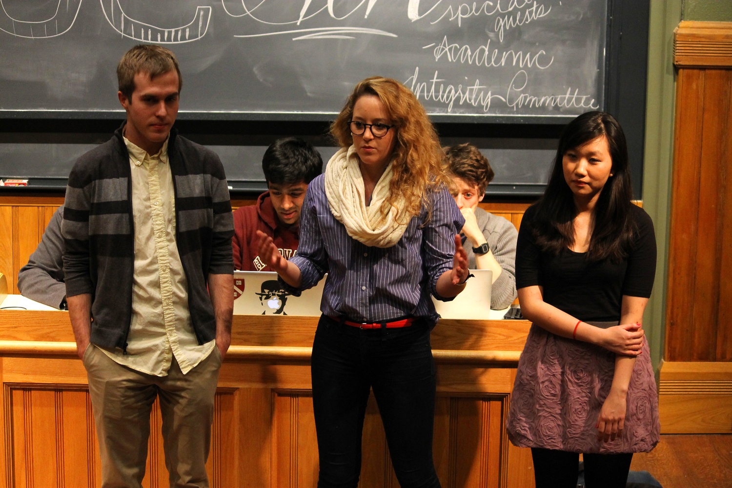 Student members of the Academic Integrity Committee present their ideas and outline of the honor code draft at the UC's weekly meeting Sunday night. 