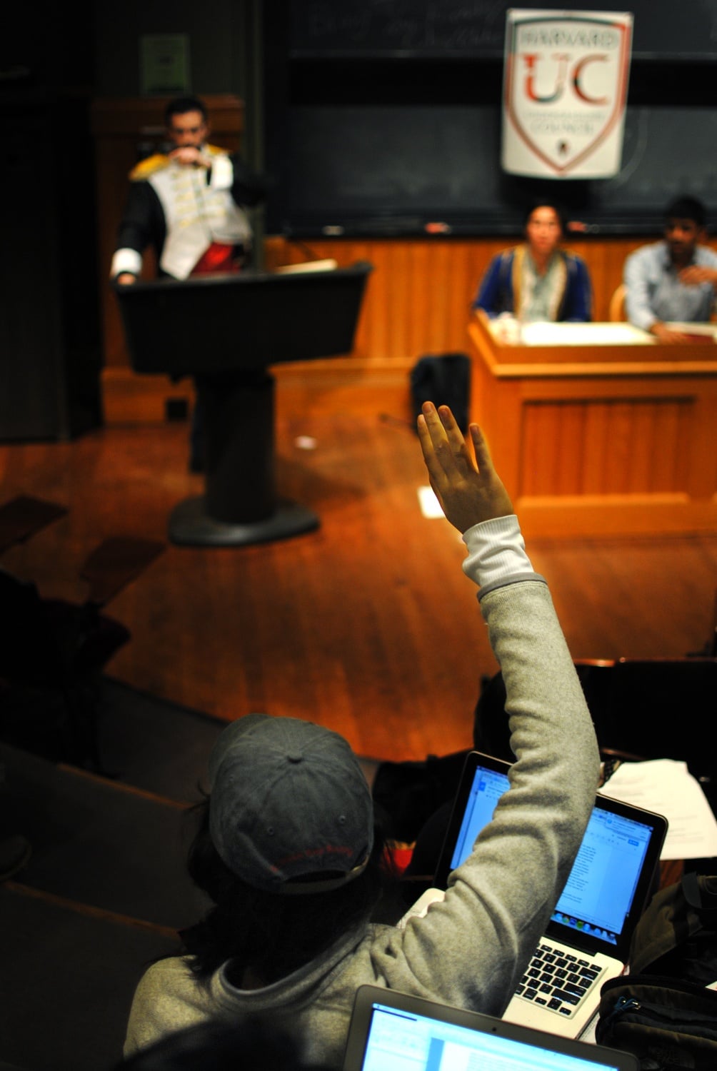 An audience member asks a question during the UC meeting on Feb 17. Besides introducing the new members from the most recent UC Special Elections, the meeting encouraged members to ask questions about the UC's new fundraising initiatives. 