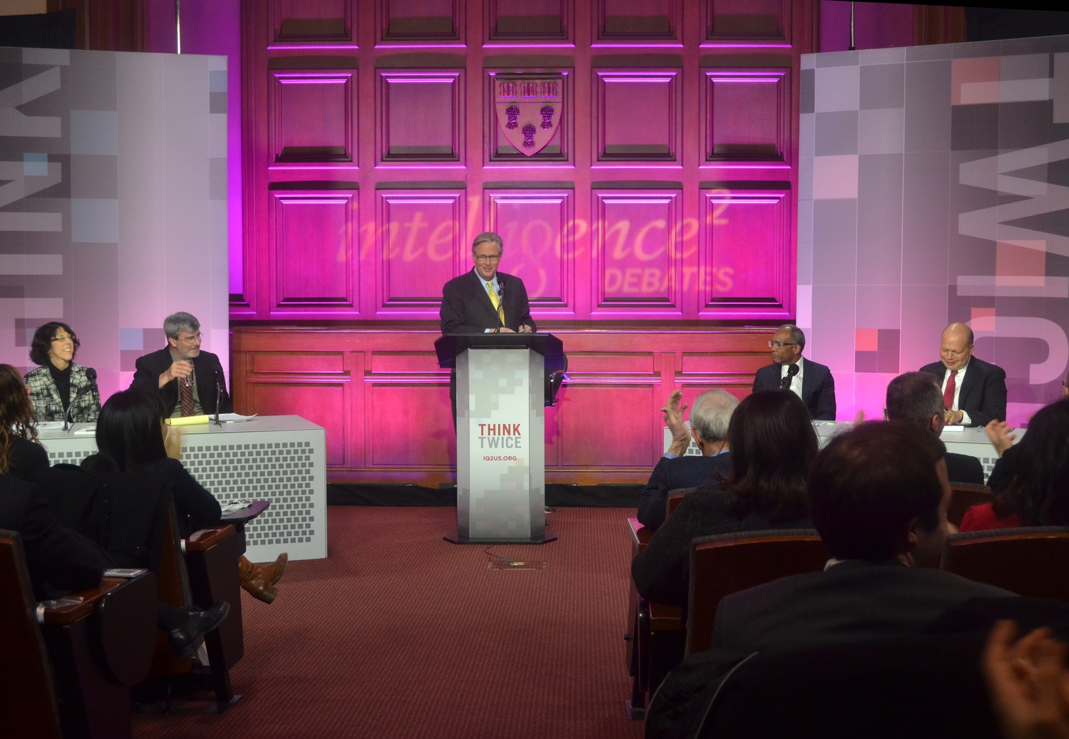 John Donovan, a correspondent to ABC News, asks panelists in a Harvard Law School debate whether affirmative action on campus does more harm than good. The event took place at Austin Hall on Thursday, Feb. 27. 