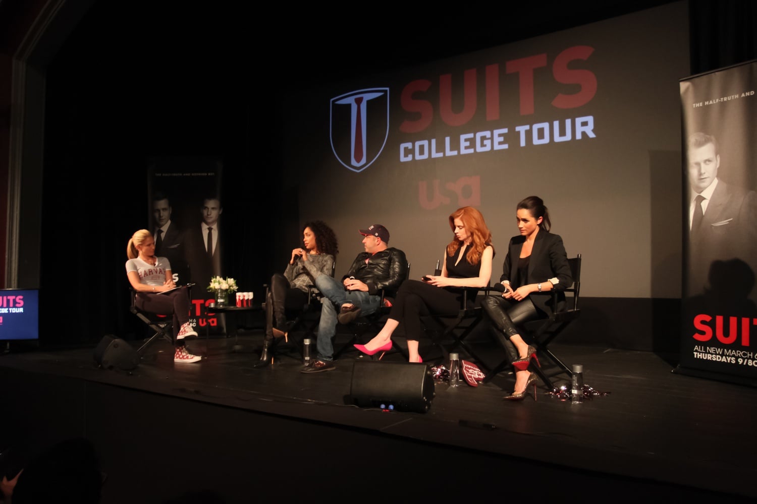 Torres, Hoffman, and Markle answer questions; Rafferty Instagrams the audience.