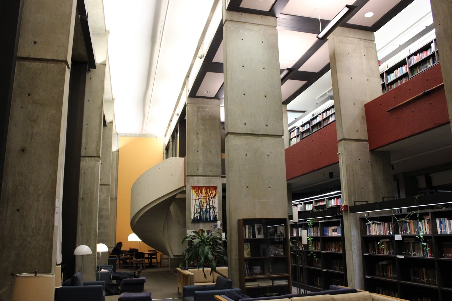 Mather's Library, complete with spiral staircase and quiet study areas.