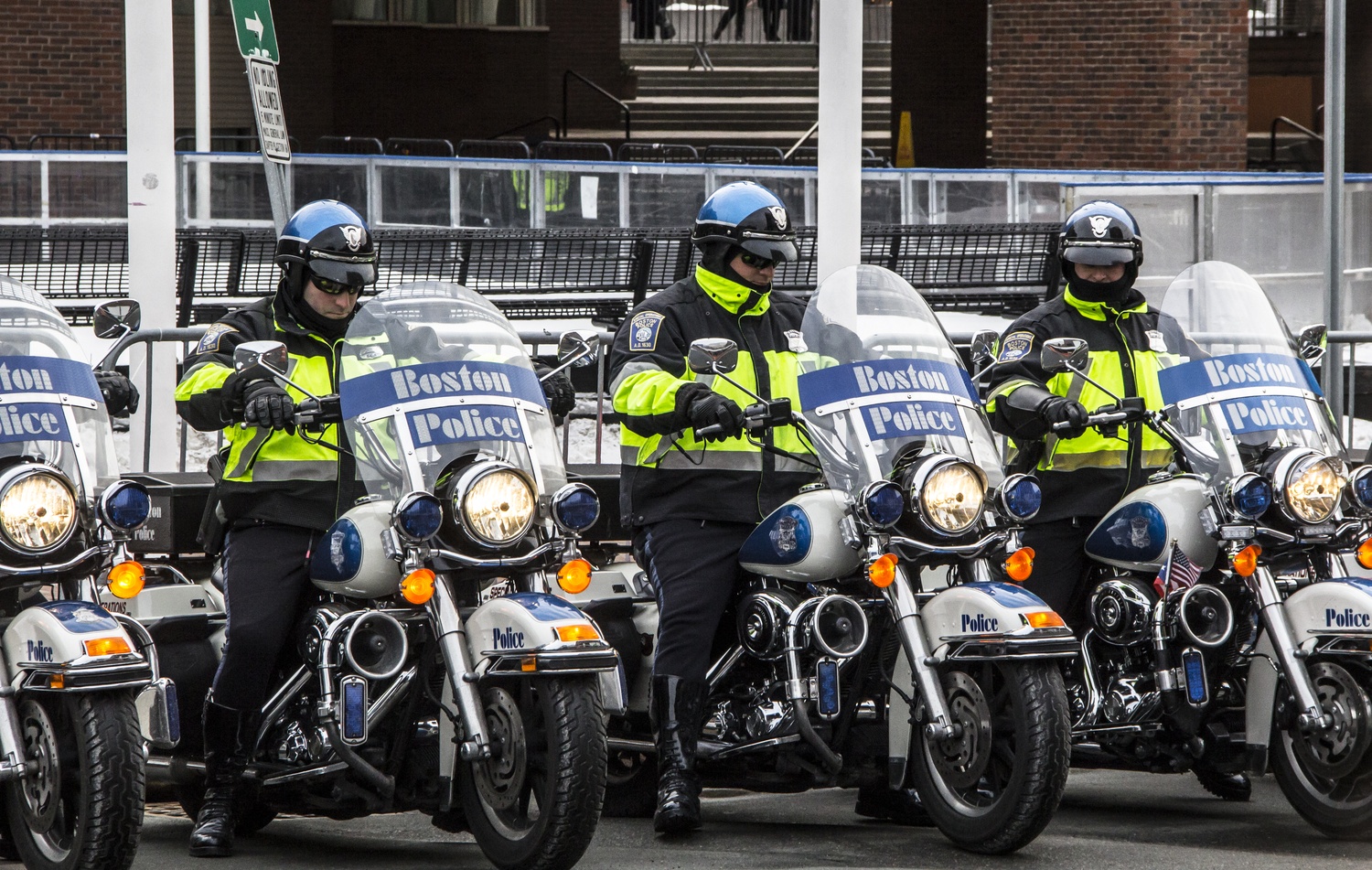 Police offers line up in front of the Charles Hotel as President Obama attends a fundraiser.