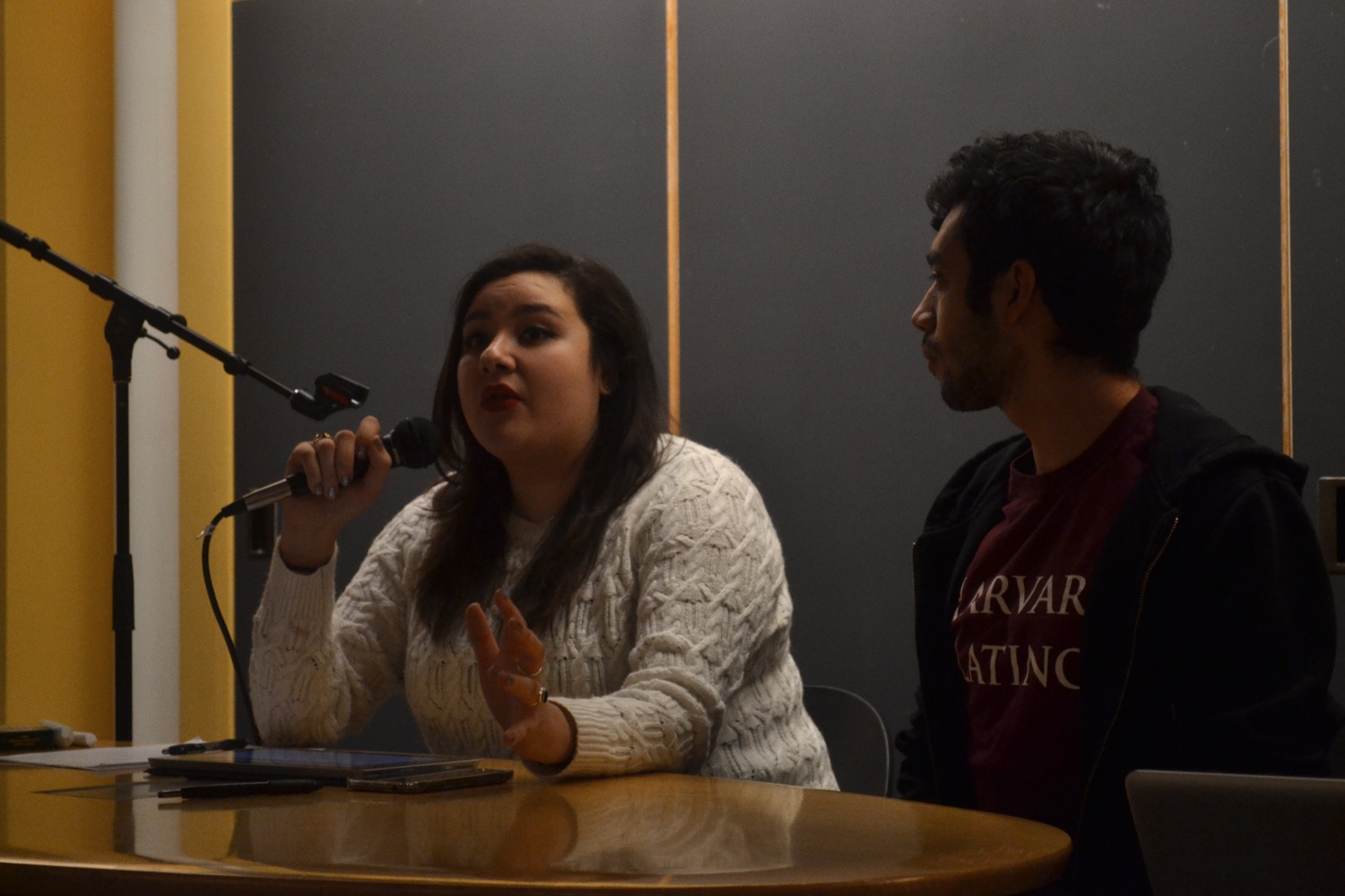 Dorothy Villarreal discusses the purpose of the "LatinX" town hall meeting on Thursday, March 6. Students gathered in Ticknor Lounge to raise concerns pressing the Latino community. 