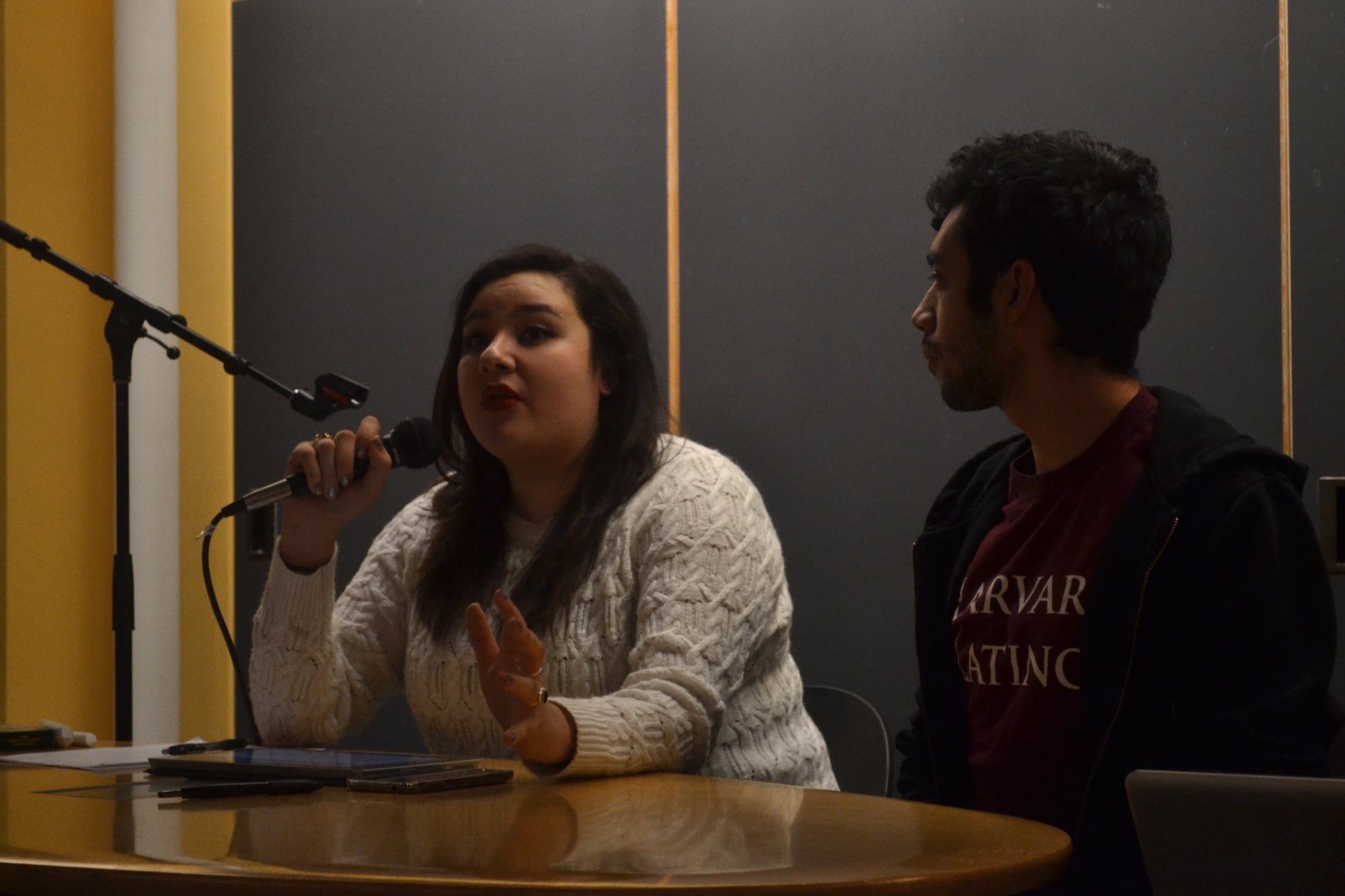 Dorothy Villarreal discusses the purpose of the "LatinX" town hall meeting on Thursday, March 6. Students gathered in Ticknor Lounge to raise concerns pressing the Latino community. 