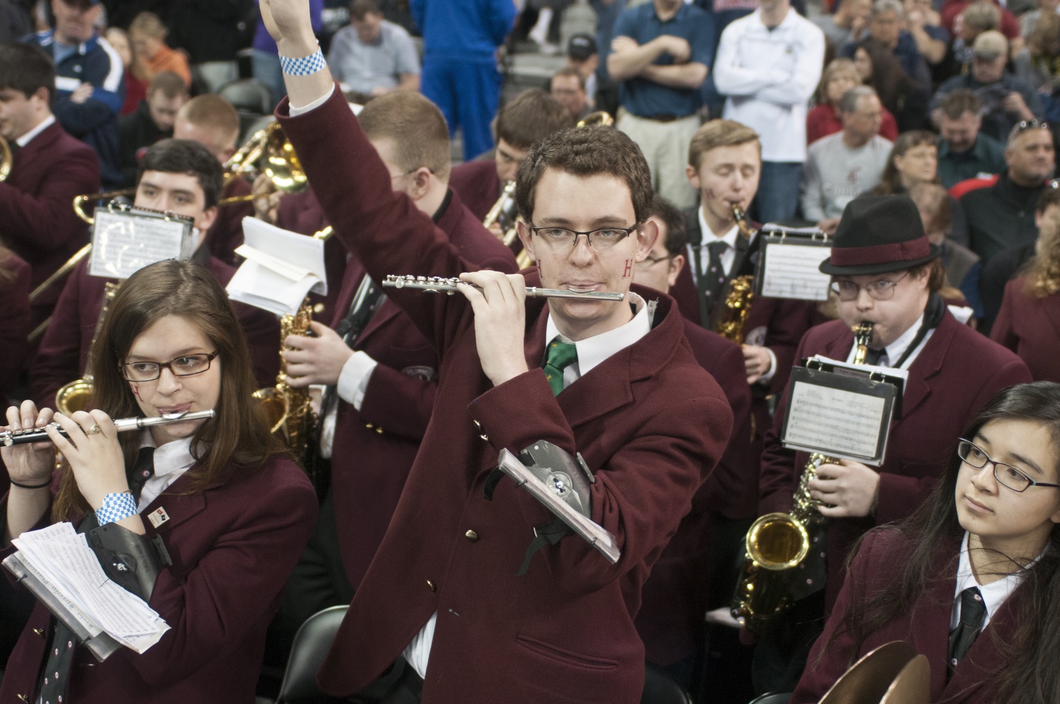 Members of the Harvard University Band rally Crimson supporters during the second round of the NCAA Tournament on March 20.
