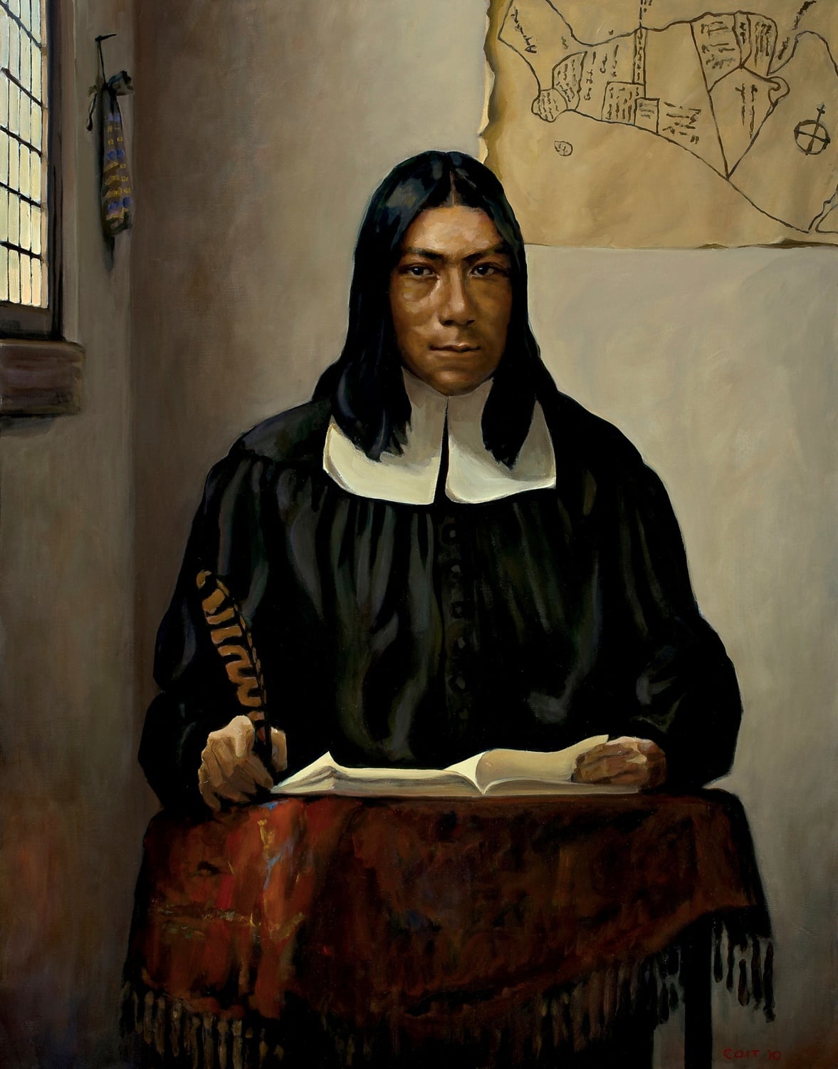 Caleb Cheeshahteaumuck was the first Native American to graduate from Harvard College in 1665. His portrait hangs in Annenberg Hall.
