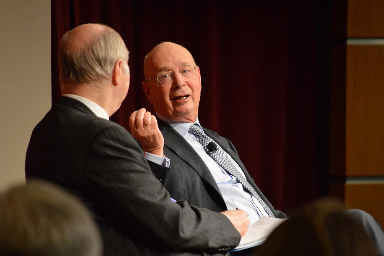 Klaus M. Schwab, Founder of the World Economic Forum, speaks on innovation and the economy with David R. Gergen in the Institute of Politics. 