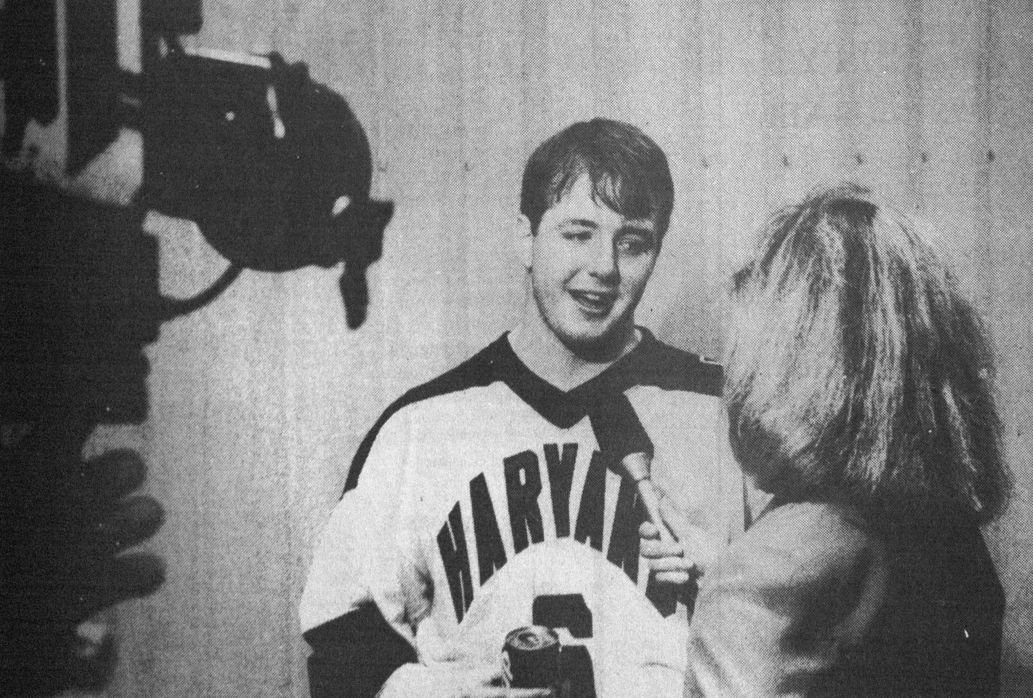 A reporter interviews sophomore forward Ted Donato ’91 following the championship game. Donato, who currently coaches the Harvard men’s hockey team, earned tournament Most Outstanding Player honors.